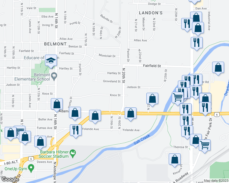 map of restaurants, bars, coffee shops, grocery stores, and more near 1910 Knox Street in Lincoln