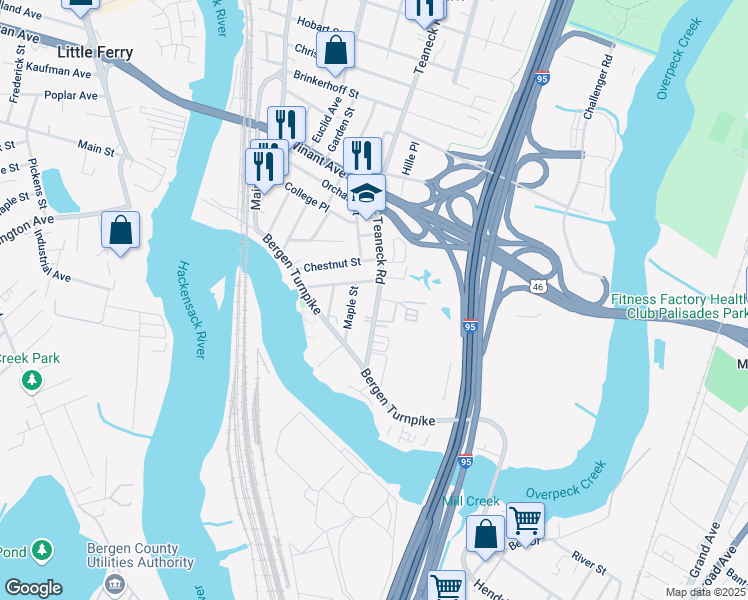 map of restaurants, bars, coffee shops, grocery stores, and more near 68 Teaneck Road in Ridgefield Park