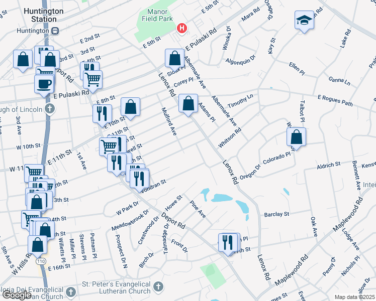 map of restaurants, bars, coffee shops, grocery stores, and more near 123 East 13th Street in Huntington Station