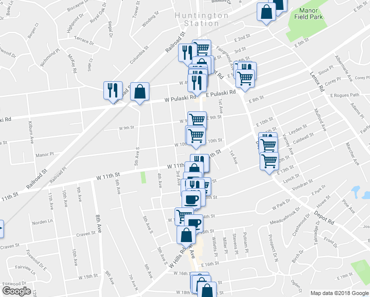 map of restaurants, bars, coffee shops, grocery stores, and more near 32 West 10th Street in Huntington Station