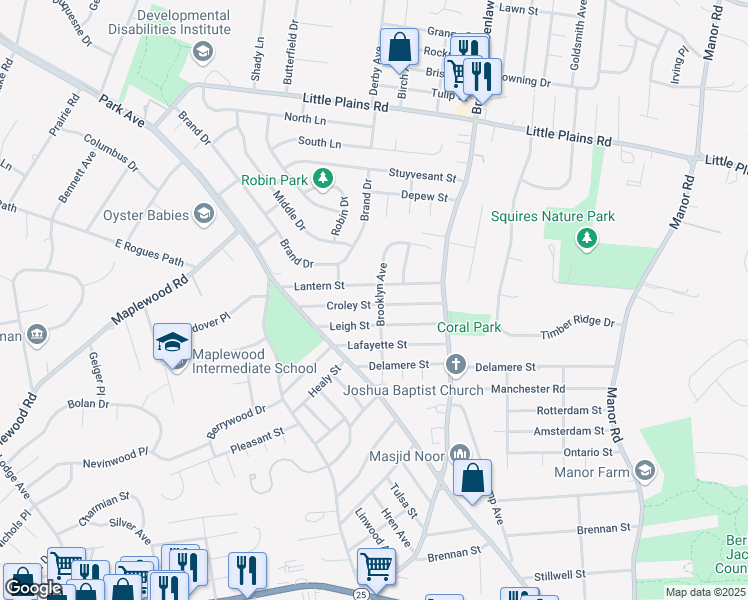 map of restaurants, bars, coffee shops, grocery stores, and more near 29 Croley Street in Huntington