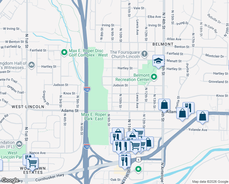 map of restaurants, bars, coffee shops, grocery stores, and more near 906 Knox Street in Lincoln