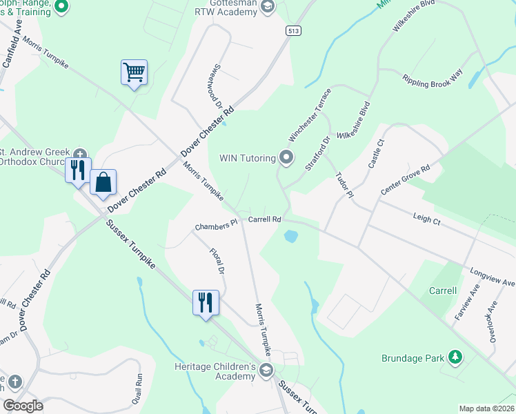 map of restaurants, bars, coffee shops, grocery stores, and more near 1 Carrell Road in Randolph
