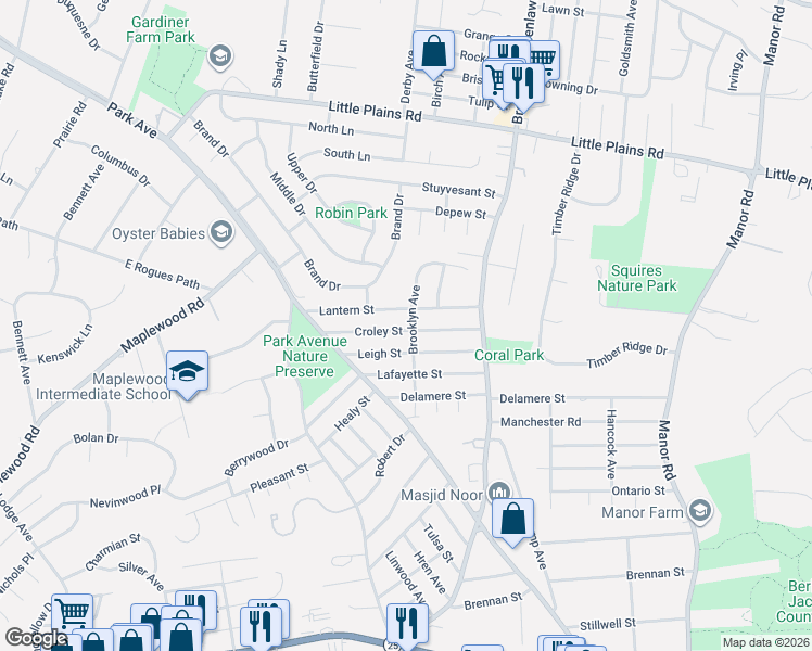 map of restaurants, bars, coffee shops, grocery stores, and more near 29 Croley Street in Huntington