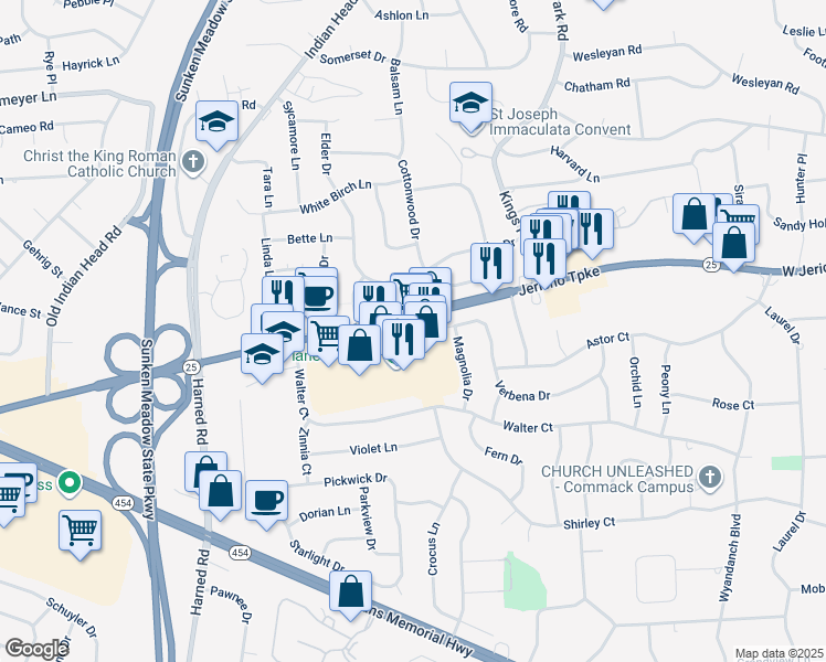 map of restaurants, bars, coffee shops, grocery stores, and more near 2020 Jericho Turnpike in Commack