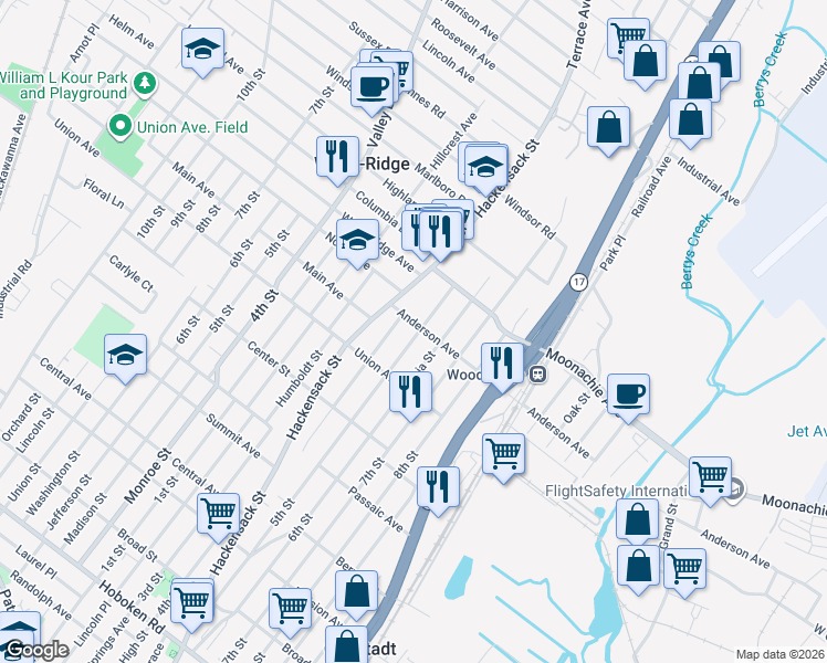map of restaurants, bars, coffee shops, grocery stores, and more near 534 Anderson Avenue in Wood-Ridge