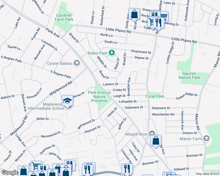 map of restaurants, bars, coffee shops, grocery stores, and more near 9 Croley Street in Huntington