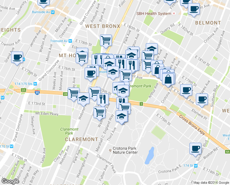 map of restaurants, bars, coffee shops, grocery stores, and more near 1816 Washington Avenue in Bronx
