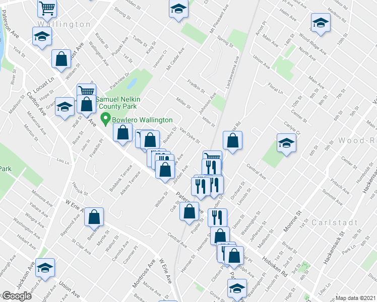 map of restaurants, bars, coffee shops, grocery stores, and more near 66 Morrissee Avenue in Wallington