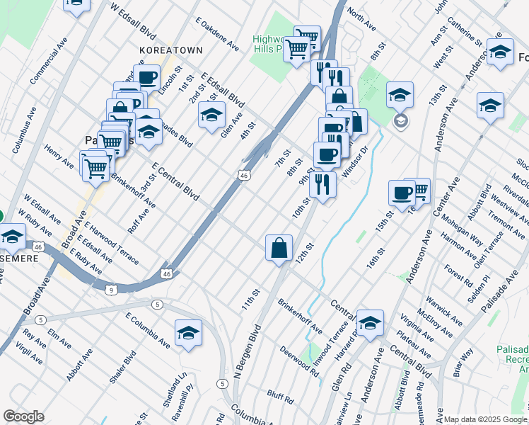 map of restaurants, bars, coffee shops, grocery stores, and more near 332A 8th Street in Palisades Park