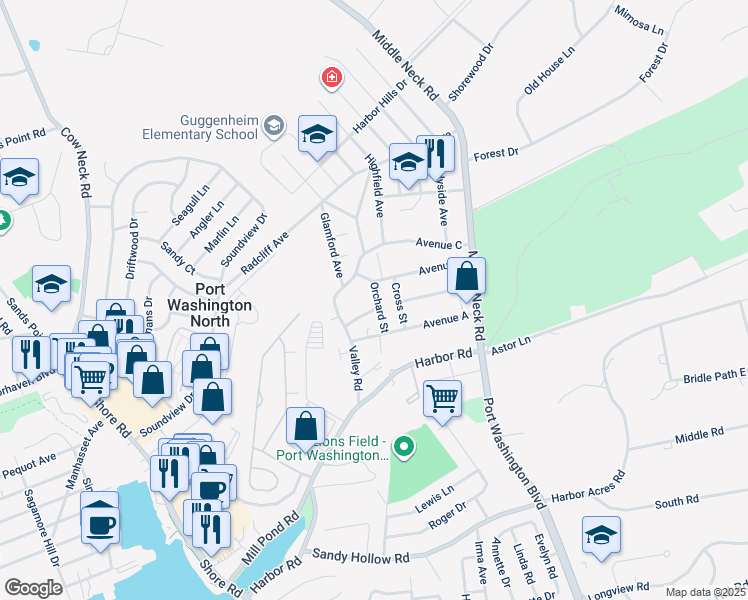 map of restaurants, bars, coffee shops, grocery stores, and more near 18 Orchard Street in Port Washington