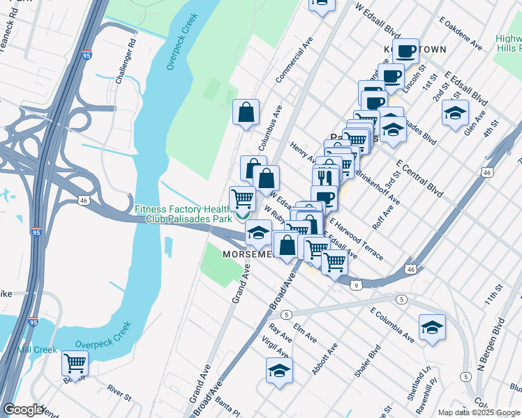 map of restaurants, bars, coffee shops, grocery stores, and more near 76 West Ruby Avenue in Palisades Park