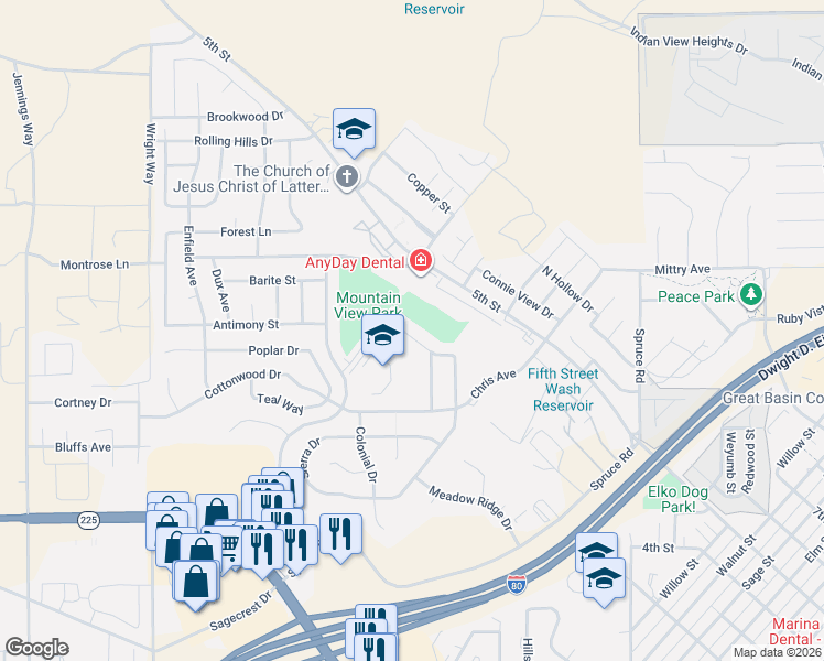 map of restaurants, bars, coffee shops, grocery stores, and more near 2416 Rodeo Court in Elko