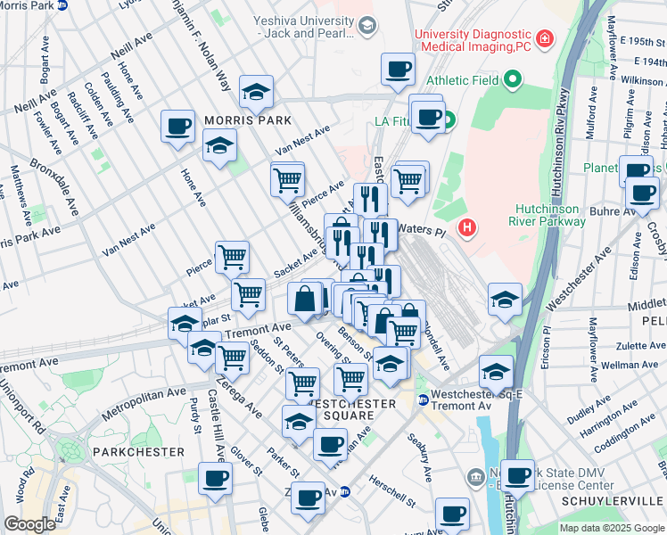 map of restaurants, bars, coffee shops, grocery stores, and more near 1518 Williamsbridge Road in Bronx