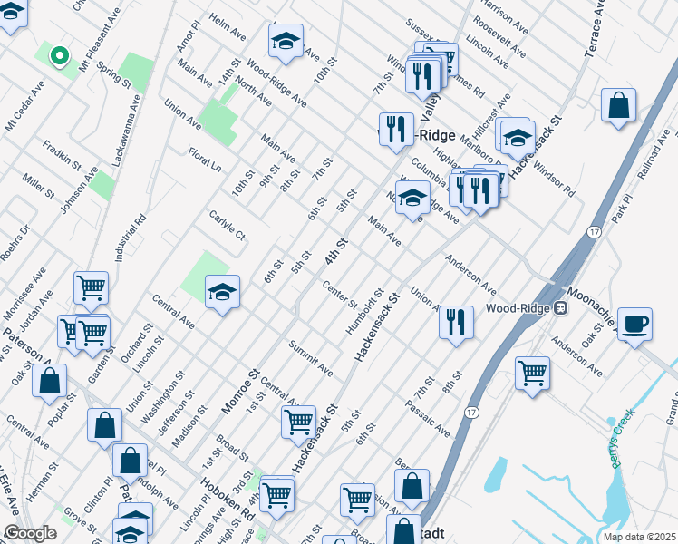 map of restaurants, bars, coffee shops, grocery stores, and more near 63 Rose St in Wood-Ridge