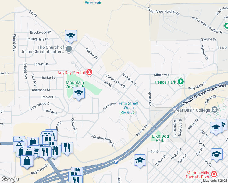 map of restaurants, bars, coffee shops, grocery stores, and more near 2363 5th Street in Elko