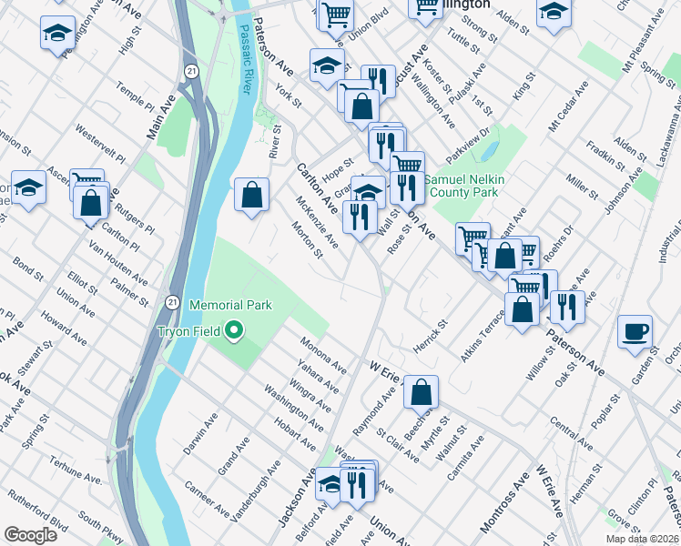 map of restaurants, bars, coffee shops, grocery stores, and more near 745 Morton Street in East Rutherford