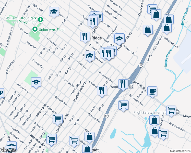 map of restaurants, bars, coffee shops, grocery stores, and more near 119 Hill Street in Wood-Ridge