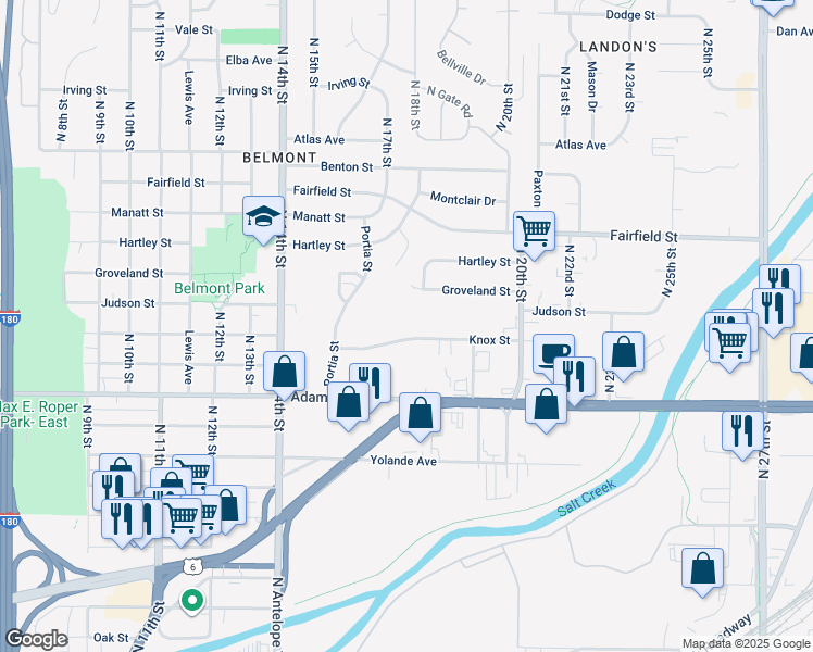 map of restaurants, bars, coffee shops, grocery stores, and more near 1660 Knox Street in Lincoln