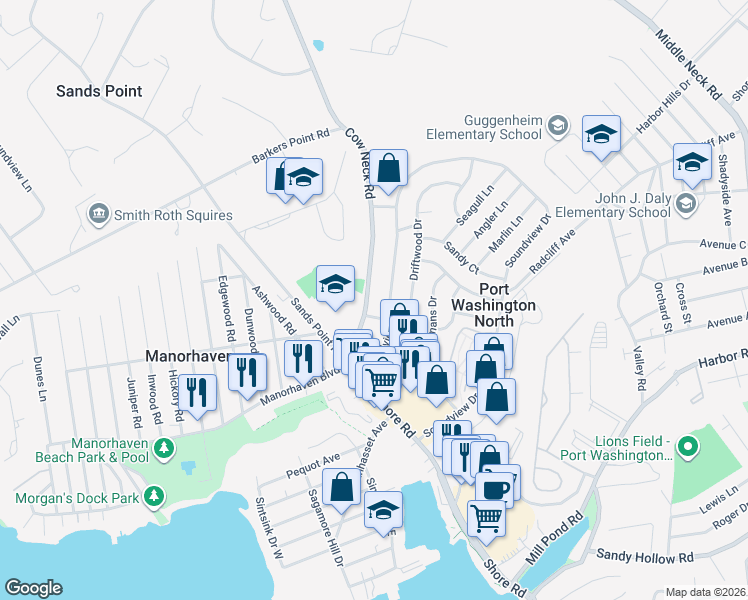 map of restaurants, bars, coffee shops, grocery stores, and more near 127 Cow Neck Road in Port Washington