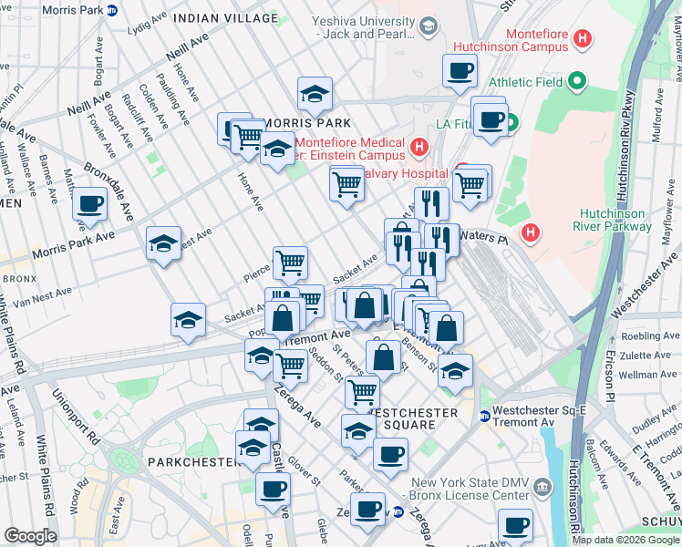 map of restaurants, bars, coffee shops, grocery stores, and more near 1545 Haight Avenue in The Bronx