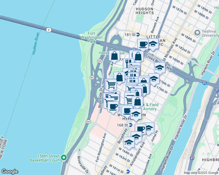 map of restaurants, bars, coffee shops, grocery stores, and more near 112 Haven Avenue in New York