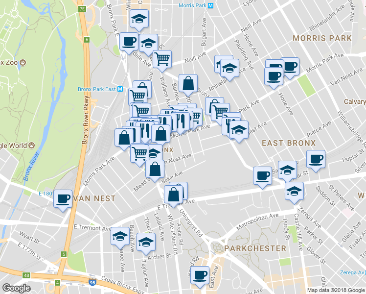map of restaurants, bars, coffee shops, grocery stores, and more near 1720 Wallace Avenue in Bronx