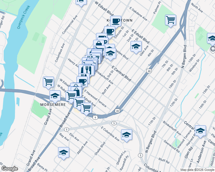 map of restaurants, bars, coffee shops, grocery stores, and more near 221 Roff Avenue in Palisades Park