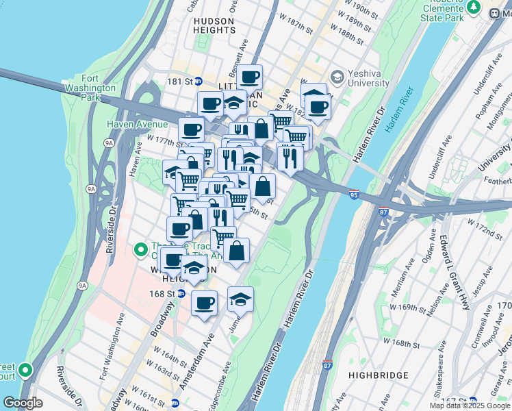 map of restaurants, bars, coffee shops, grocery stores, and more near 199 Audubon Avenue in New York
