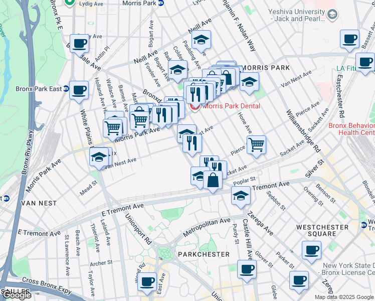 map of restaurants, bars, coffee shops, grocery stores, and more near 1640 Bronxdale Avenue in Bronx