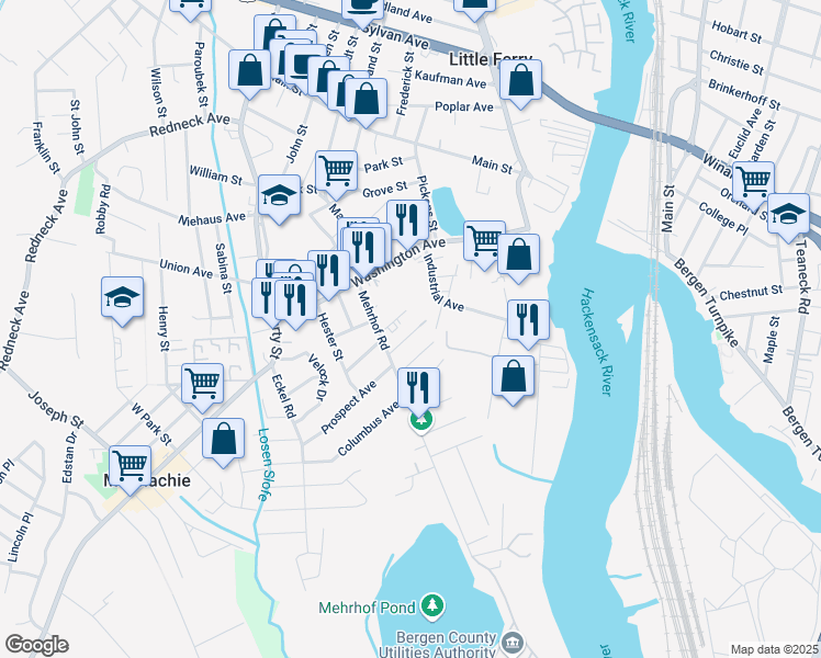 map of restaurants, bars, coffee shops, grocery stores, and more near 19 Louis Street in Little Ferry