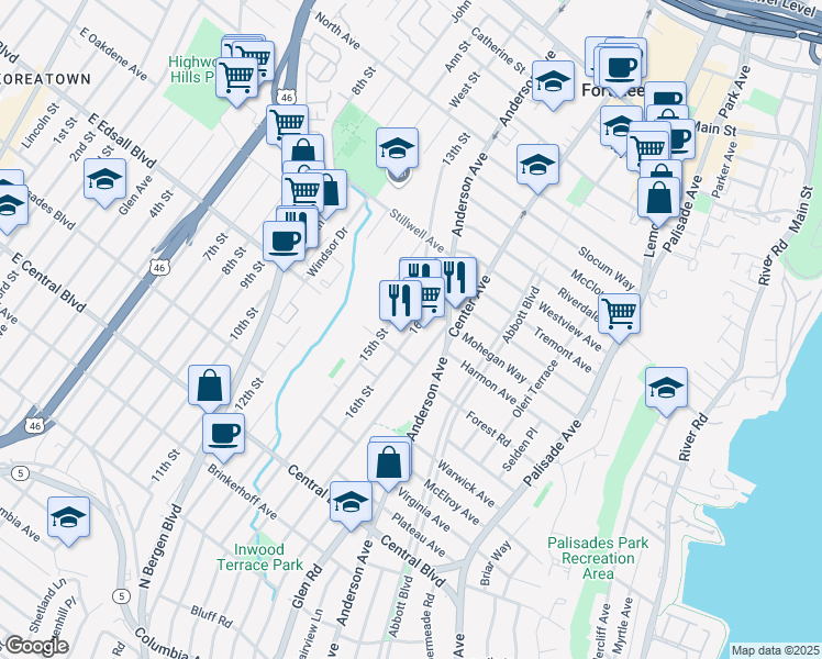 map of restaurants, bars, coffee shops, grocery stores, and more near 1357 16th Street in Fort Lee
