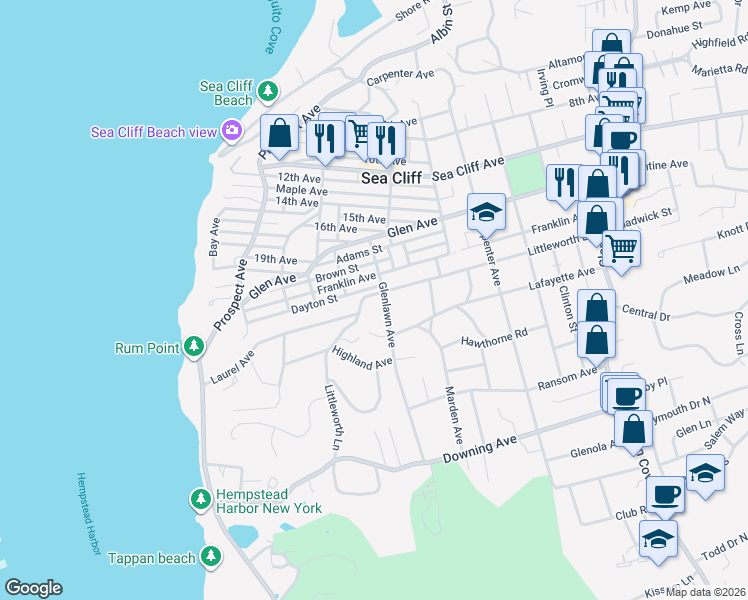 map of restaurants, bars, coffee shops, grocery stores, and more near 199 Littleworth Lane in Sea Cliff