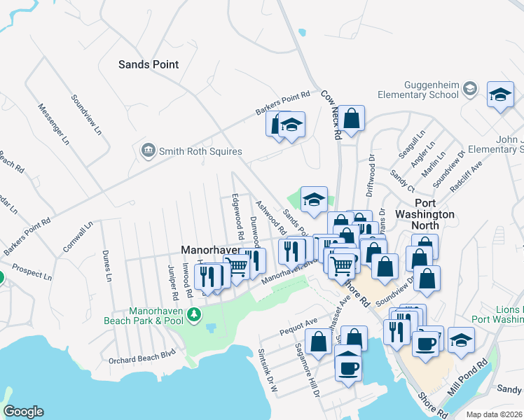map of restaurants, bars, coffee shops, grocery stores, and more near 44 Ashwood Road in Port Washington