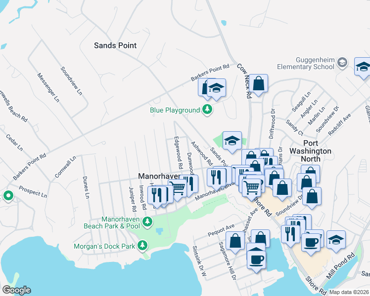 map of restaurants, bars, coffee shops, grocery stores, and more near 60 Edgewood Road in Port Washington
