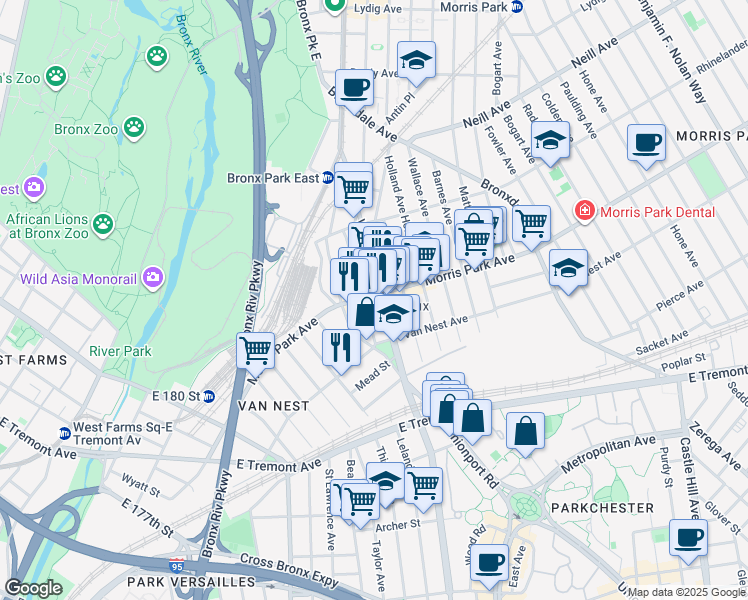 map of restaurants, bars, coffee shops, grocery stores, and more near 1745 White Plains Road in The Bronx