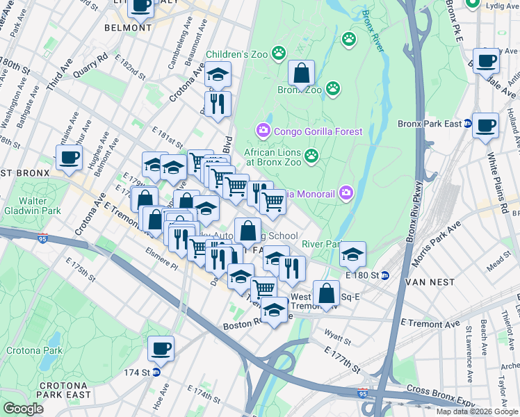 map of restaurants, bars, coffee shops, grocery stores, and more near 2116 Daly Avenue in The Bronx