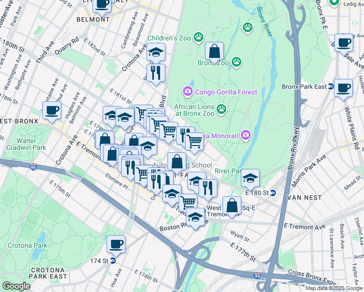map of restaurants, bars, coffee shops, grocery stores, and more near 2116 Daly Avenue in The Bronx