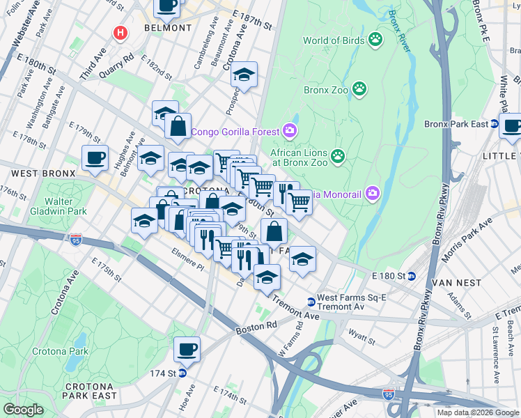 map of restaurants, bars, coffee shops, grocery stores, and more near 2102 Honeywell Avenue in The Bronx