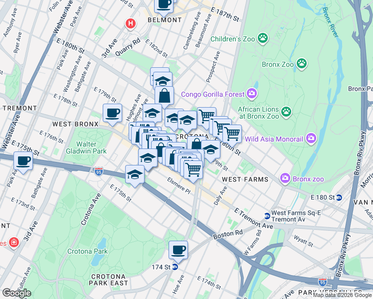 map of restaurants, bars, coffee shops, grocery stores, and more near 2009 Mapes Avenue in The Bronx