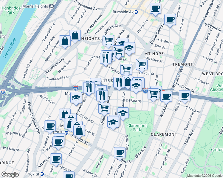 map of restaurants, bars, coffee shops, grocery stores, and more near 110 East 174th Street in The Bronx