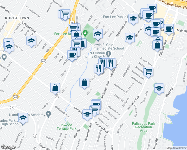 map of restaurants, bars, coffee shops, grocery stores, and more near 1317 15th Street in Fort Lee
