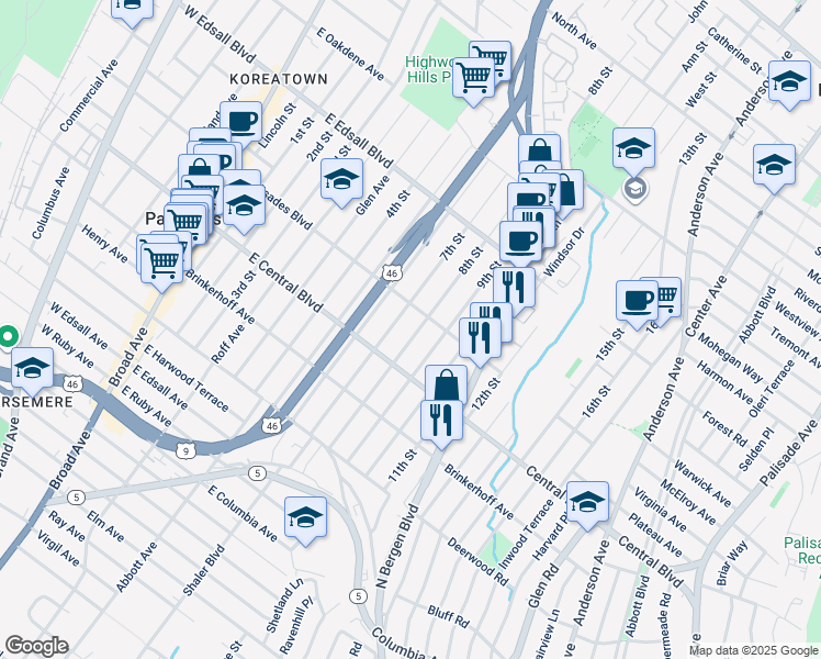 map of restaurants, bars, coffee shops, grocery stores, and more near 332A 8th Street in Palisades Park