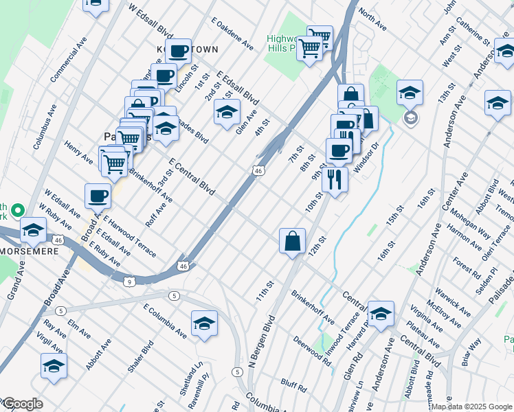 map of restaurants, bars, coffee shops, grocery stores, and more near 319A 7th Street in Palisades Park