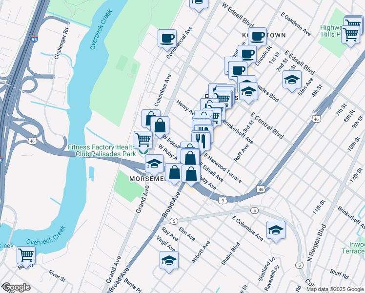 map of restaurants, bars, coffee shops, grocery stores, and more near 46 West Edsall Avenue in Palisades Park