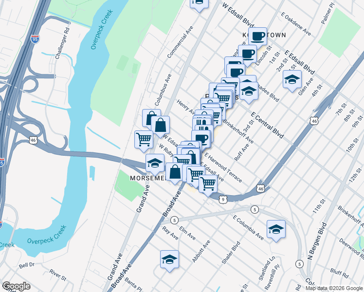 map of restaurants, bars, coffee shops, grocery stores, and more near 46 West Edsall Avenue in Palisades Park