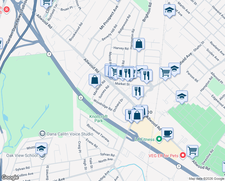 map of restaurants, bars, coffee shops, grocery stores, and more near 5 Burlington Road in Clifton
