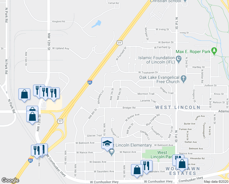 map of restaurants, bars, coffee shops, grocery stores, and more near 3126 Northwest 7th Street in Lincoln