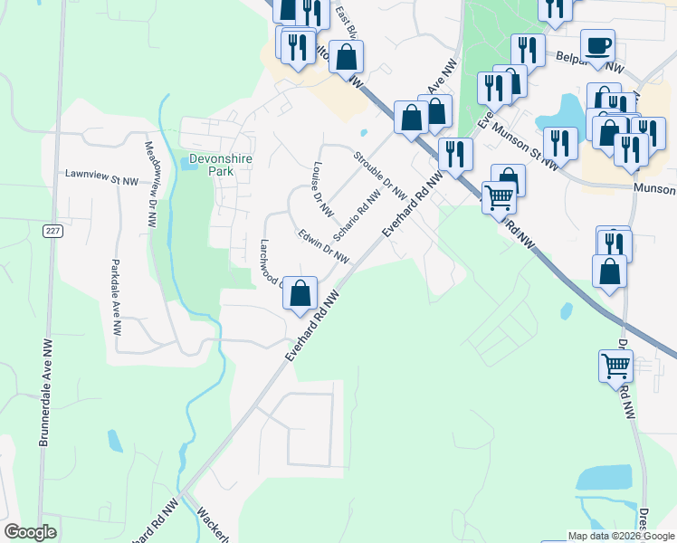 map of restaurants, bars, coffee shops, grocery stores, and more near 4301 Larchwood Circle Northwest in Canton