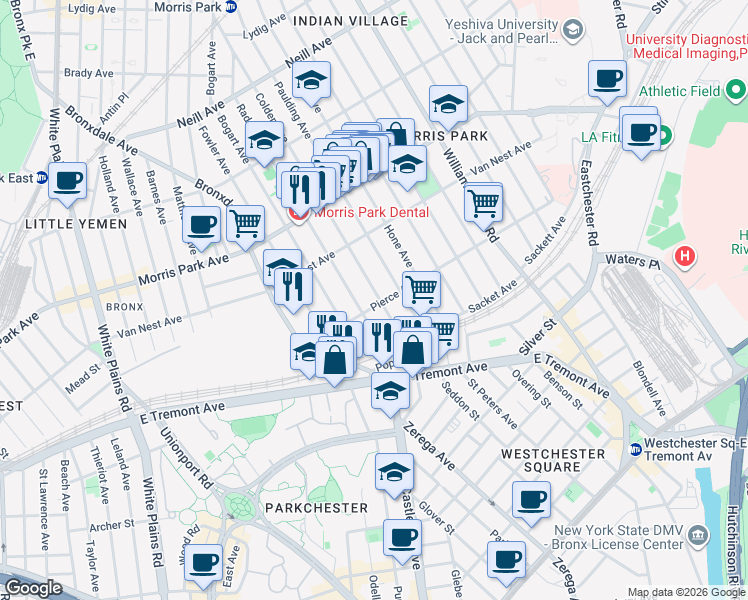 map of restaurants, bars, coffee shops, grocery stores, and more near 995 Pierce Avenue in Bronx